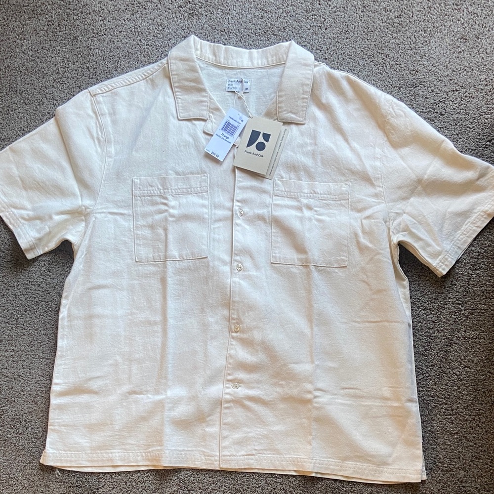 NWT New Frank & Oak Men's Cream colored denim Short Sleeve camp Shirt Sz XL